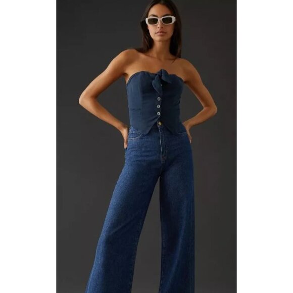 NWT Anthropologie XL Maeve Strapless Tube Top Tie Front Cropped Vest Denim Blue - Picture 10 of 10